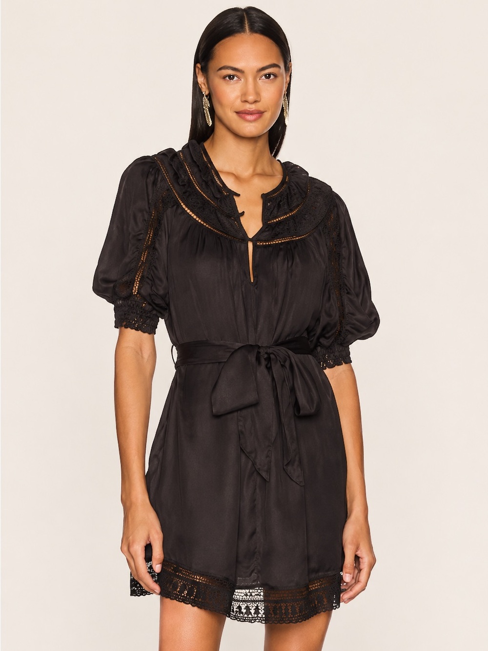 Tularosa Carina Dress Size M Black Lace Trim Self Belt Puff Sleeve  NWOT
